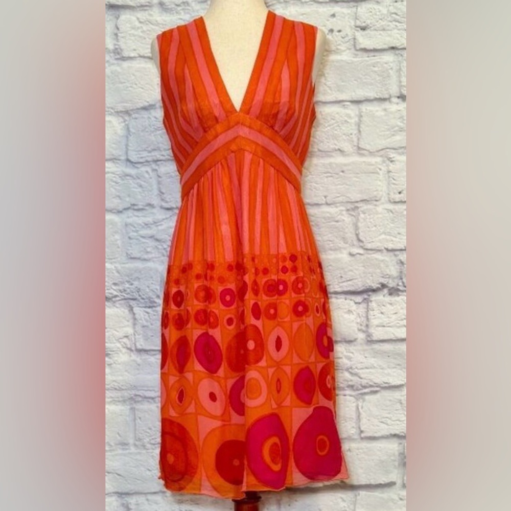 Vintage Anna Sui Y2K Silk Orange and Pink Geometric Mini Dress - Size 8